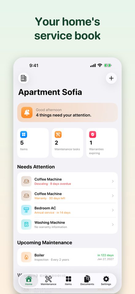 HomeLog home screen with items that need attention