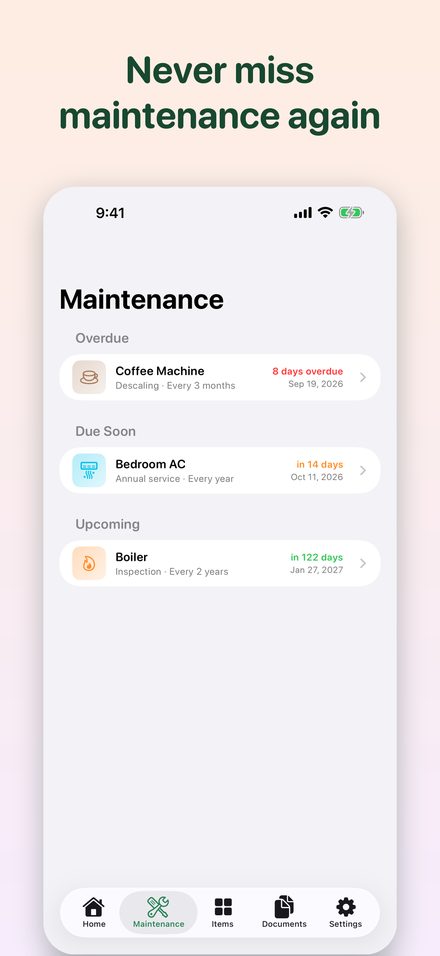 Upcoming and overdue maintenance